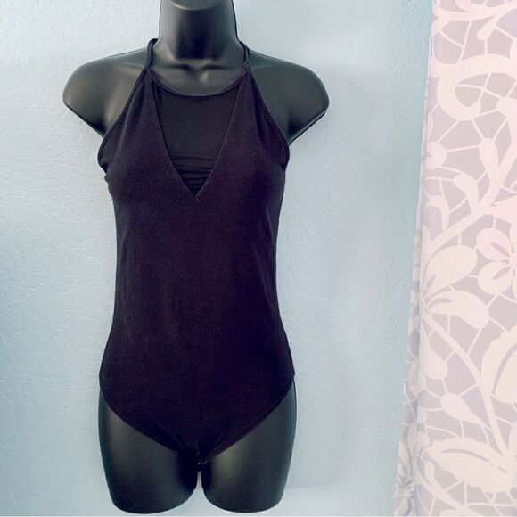 Abercrombie & Fitch Black Bodysuit w/Mesh Cutouts Keyhole Back Size S - Picture 1 of 7